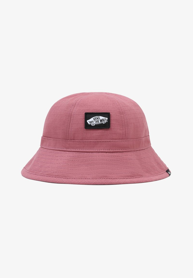 Rosa Bucket Hat mit strukturiertem Stoff und schwarzem Vans „Off The Wall“-Logoaufnäher mittig vorne.