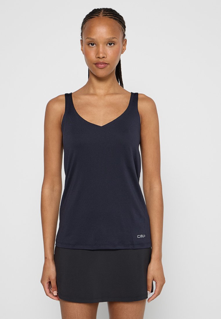Top sans manches bleu marine avec un décolleté en V, fabriqué à partir d'un tissu léger et doux. Présente un logo CMP sur le bas de l'ourlet.