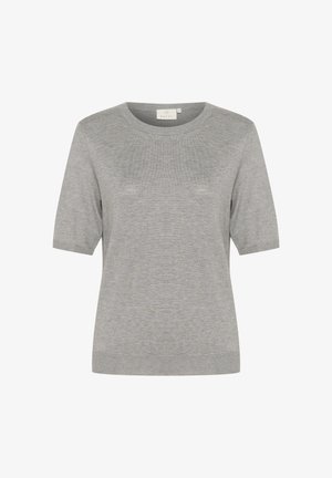 Grauer kurzärmeliger Pullover aus weichem Strickstoff. Verfügt über einen klassischen runden Halsausschnitt und eine schlichte, lockere Passform. Keine auffälligen Muster.