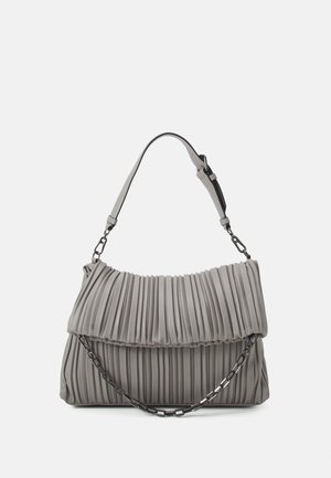 Gray pleated shoulder bag with adjustable strap and decorative black chain detail on the front.