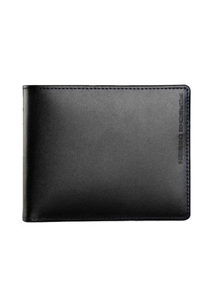 Portafoglio bifold in pelle nera con "Porsche Design" impresso a rilievo sul bordo destro, mostrato chiuso su sfondo bianco semplice.