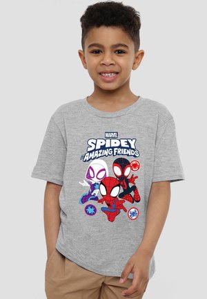 Grauer Baumwoll-T-Shirt mit einem bunten Grafikdruck von stilisierten Spider-Man-Charakteren und dem Text "Spidey und erstaunliche Freunde."