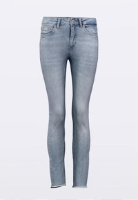 Lichtblauwe denim jeans met een slanke pasvorm, hoge taille en licht versleten zoom. Voorzien van vijf zakken en een metalen knoopsluiting.