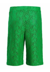 Zielone szorty z koronką o teksturowanym wzorze, z elastycznym pasem i luźnym krojem. Koronkowy wzór dodaje głębi i detali.
