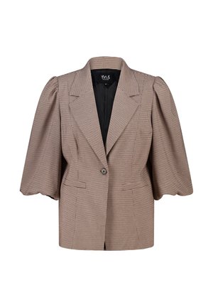 Blazer à petits carreaux marron et beige avec manches bouffantes jusqu'au coude et fermeture à un bouton, coupe ajustée, doublure intérieure noire.