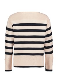 Gestreepte trui in beige en marineblauw, met een wijde halslijn, lange mouwen en knoopaccenten op de manchetten. Gebreide textuur door het geheel.