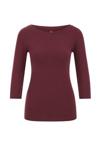 Burgundská dlouhá halenka vyrobená z měkké, elastické tkaniny. Má kulatý výstřih a přiléhavý střih s rukávy o délce 3/4.