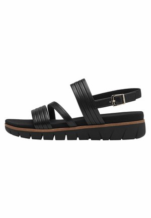 Sandali in pelle nera con più cinghie orizzontali, fibbia regolabile e una suola spessa e texture che presenta un leggero accento marrone.