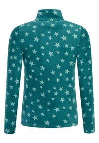 Giacca in pile color turchese con maniche lunghe e collo alto, decorata da un motivo di stelle azzurre di diverse dimensioni.