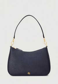 Mala de mão em pele azul-marinho com textura suave, forma curva, logótipo dourado e detalhes de ferragens douradas na alça e no fecho.