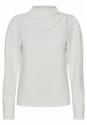 White long-sleeve top with a mock neck, featuring gathered shoulder seams and smooth, stretchy fabric. Simple, minimalist design.