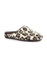 Pantofole in peluche senza lacci con un design maculato beige e marrone, caratterizzate da una texture morbida e una suola in gomma nera.