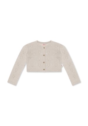 Cardigan beige accorciato con maniche lunghe, caratterizzato da motivi a rombi e tre bottoni marroni sul davanti, realizzato in un materiale a maglia texture.