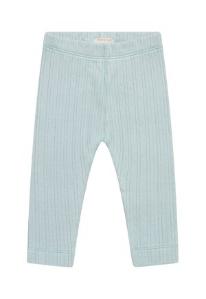 Pantalon bébé côtelé bleu clair avec un motif texturé subtil et une ceinture élastique, étiqueté "noppies" au centre du dos.