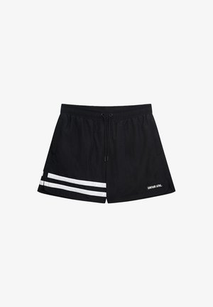 Black swim shorts with a drawstring waist, featuring two white horizontal stripes on the left side and a logo at the hem.