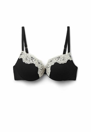 Schwarze BH mit cremefarbener Spitzenborte am oberen Rand. Er verfügt über gepolsterte Cups und verstellbare Träger für eine sichere Passform.
