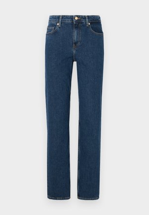 Dark blue denim jeans with a straight leg design, featuring front pockets, a button closure, and a subtle texture.