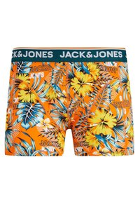 Orangene Boxershorts mit floralem Muster, das gelbe Hibiskusblüten und grüne Blätter zeigt, elastischer Bund mit "JACK & JONES"-Logo.
