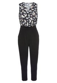 Zwarte jumpsuit met een mouwloze top met bloemenpatroon. Heeft een V-hals, een elastische tailleband en taps toelopende broekspijpen. Gladde stoftextuur.