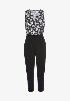 Mustapuku, jossa on kukkakuosiset olkaimeton yläosa. Ominaisuuksia ovat V-pääntie, joustava vyötärö ja kapenevat lahkeet. Sileä kankaan rakenne.