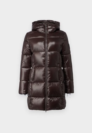 Cappotto imbottito marrone caratterizzato da un design lucido e trapuntato, con zip completa e cappuccio. Include due tasche anteriori e polsini elasticizzati.