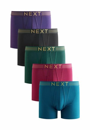 Fünf Paare Boxershorts in Lila, Schwarz, Grün, Pink und Türkis. Jedes Paar hat einen goldenen "NEXT"-Logo-Bund mit gestreiften Akzenten.