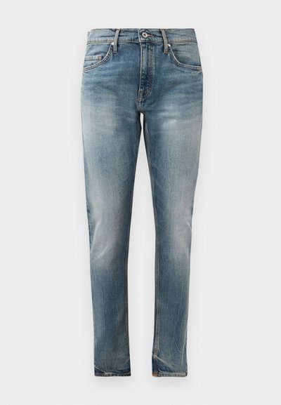 Slim-fit blue denim jeans with faded wash, five-pocket style, button closure, and subtle whiskering at the hips and knees.