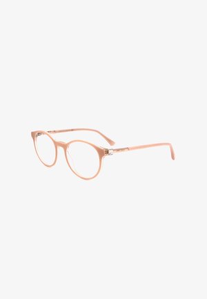 Montatura rotonda per occhiali di colore rosa chiaro con lenti trasparenti e aste sottili, con un piccolo dettaglio decorativo vicino alle cerniere.
