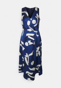 Blue wrap dress with abstract white and black patterns, sleeveless design, V-neckline, and a flowing A-line silhouette. Zipper at the back.