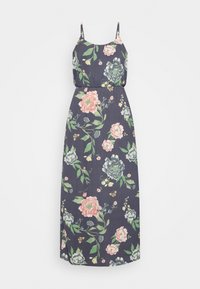 Blommig maxiklänning i mörk marinblått med rosa, gröna och blå blommor. Har tunna axelband och en elastisk midja för komfort.