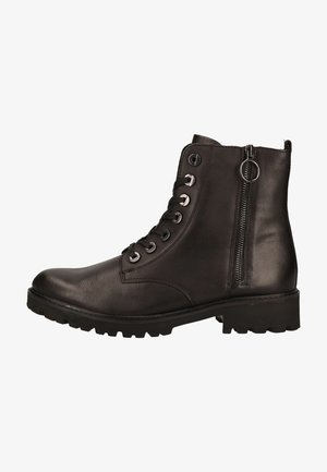Bottine en cuir noir avec lacets à l'avant, fermeture éclair sur le côté, semelle robuste et finition texturée avec une tige lisse.