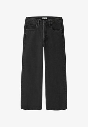 Jean noir à jambes larges avec fermeture avant à boutons et fermeture éclair, passants de ceinture, poches avant et arrière en vue à plat rectiligne.