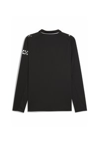 Cămașă neagră cu mânecă lungă, realizată dintr-un material ușor și neted. Prezintă un accent alb la gât și un model în carouri pe o mânecă.