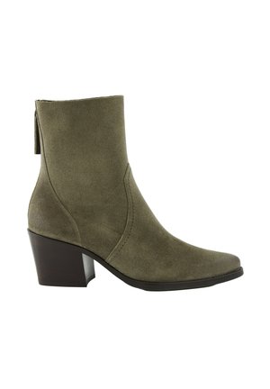 Ankle-high olive green suede boot with pointed toe and chunky dark brown mid-height heel.