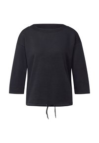 Sudadera negra de manga larga, hecha de una tela suave, con un escote amplio, corte holgado y cordón ajustable en el dobladillo.
