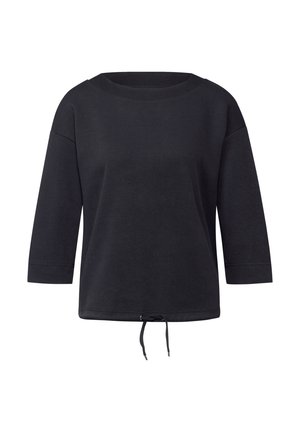 Black, long-sleeve sweatshirt made from soft fabric, featuring a wide neckline, loose fit, and adjustable drawstring at the hem.