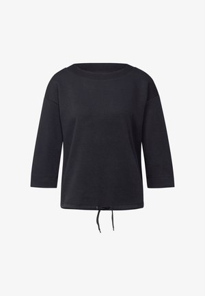 Zwarte sweatshirt met lange mouwen gemaakt van zachte stof, met een brede halslijn, een losse pasvorm en een verstelbare trekkoord aan de onderkant.