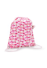 Ryggsäck med dragsko i rosa nyanser, med ett vågigt mönster och vita samt mörkare rosa inslag. Tillverkad av lättviktig, hållbar funktionsväv.