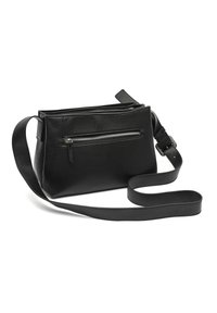 Borsa a tracolla in pelle nera con finitura testurizzata, chiusura con zip in alto, tasca frontale con zip e tracolla regolabile.