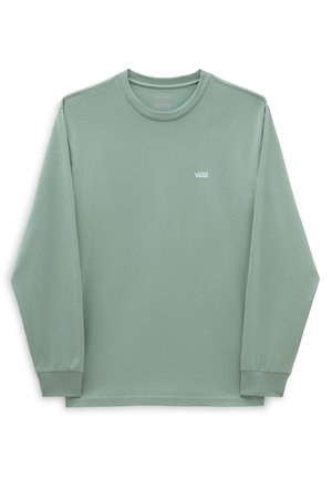 Langærmet, salviegrøn crewneck-trøje med lille hvid Vans-logo på venstre bryst og ribbenstrikkede manchetter.