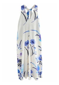 Ärmlös klänning med ett vitt tyg som har blå och svarta blommönster. Designen inkluderar en nyckelhålssnitt på baksidan och en avslappnad passform.