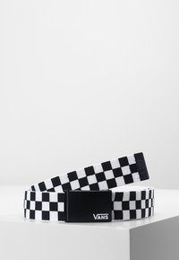 Cintura a scacchi bianca e nera realizzata in tessuto intrecciato, con una fibbia rettangolare nera con il logo Vans in rilievo.