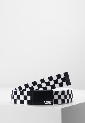Schwarz-weißer Schachbrettgürtel aus gewebtem Stoff, mit einer rechteckigen schwarzen Schnalle, auf der das Vans-Logo geprägt ist.