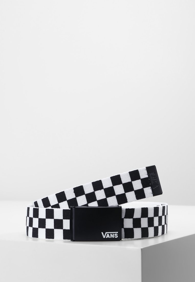 Cintura a scacchi bianca e nera realizzata in tessuto intrecciato, con una fibbia rettangolare nera con il logo Vans in rilievo.