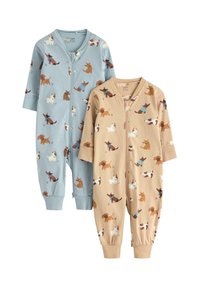 Deux salopettes pour enfants en coton. L'une est bleu clair avec des illustrations de chiens, et l'autre est beige avec des chiens marron et blanc. Les deux ont des fermetures éclair.