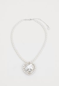 Pearl necklace with a heart-shaped crystal pendant, featuring a silver clasp and a row of small white pearls in a polished finish.
