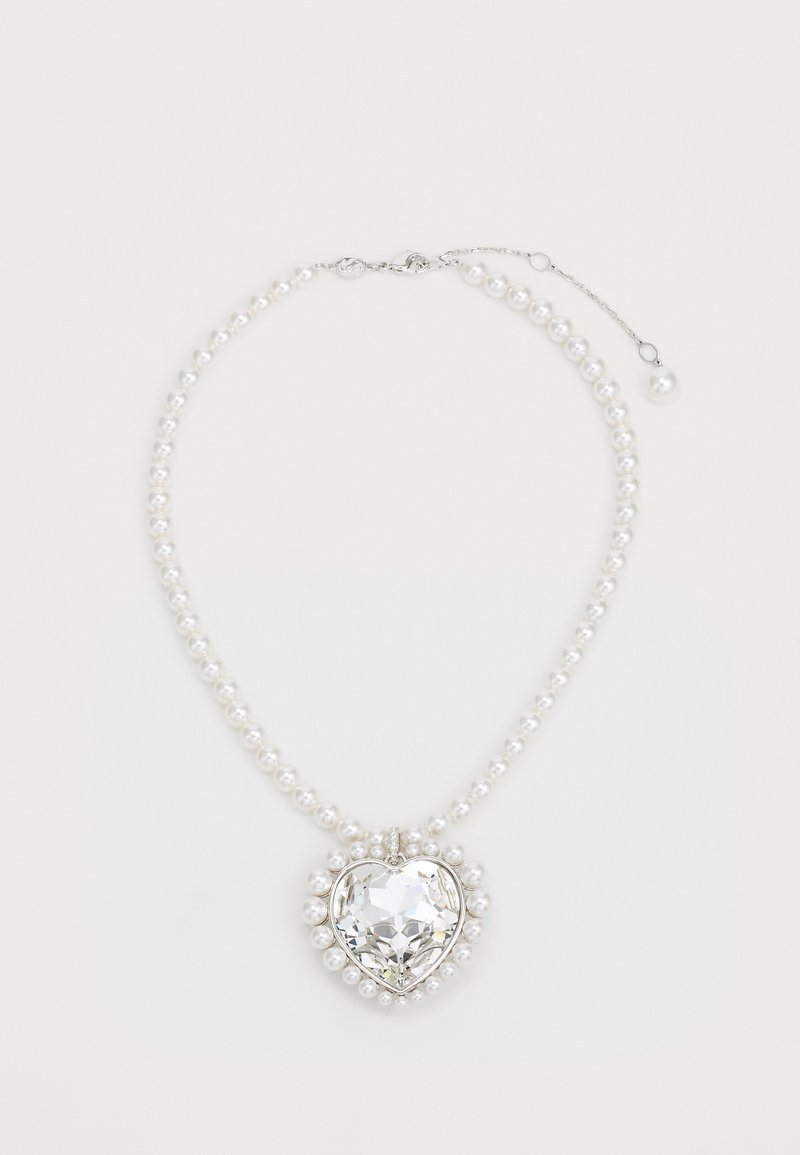 Pearl necklace with a heart-shaped crystal pendant, featuring a silver clasp and a row of small white pearls in a polished finish.