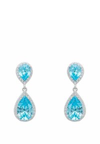 Pendientes en forma de lágrima que presentan dos grandes piedras preciosas de color azul claro, rodeadas de pequeñas piedras transparentes, engastadas en un metal de tono plateado.