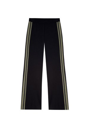 Black wide-leg pants featuring two vertical olive green stripes on each side, made from a soft, stretchy fabric with an elastic waistband.