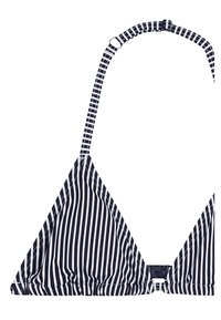 Trójkątny biustonosz bikini w granatowo-białe pionowe paski. Posiada regulowane ramiączka oraz zapięcie na plecach. Gładka faktura tkaniny.